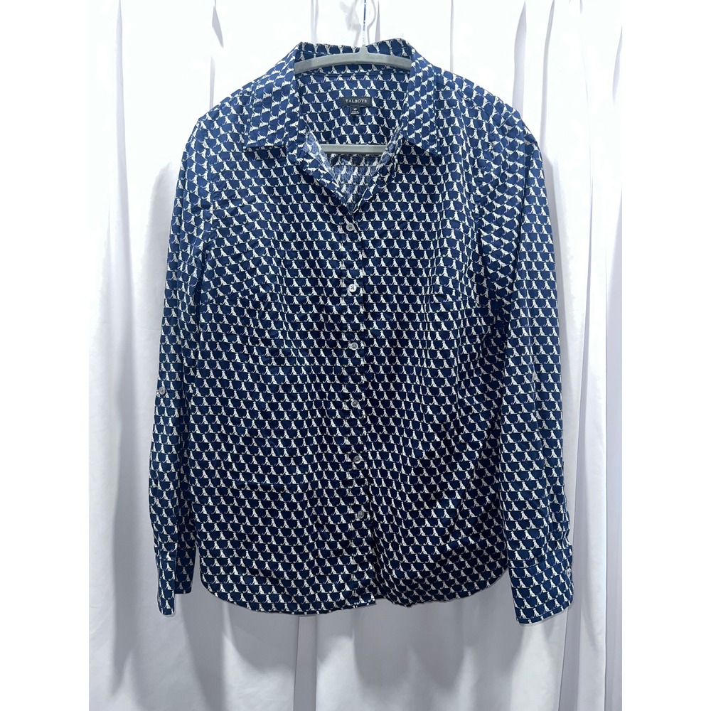Talbots Navy Blue White Dog Print Cotton Button Down Shirt Blouse Womens 10